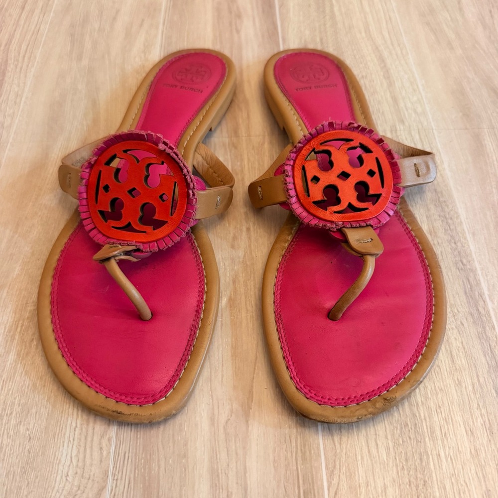 Tory Burch Miller Sandals Women 9M Pink Tan Good Fringe Logo Thong Flats